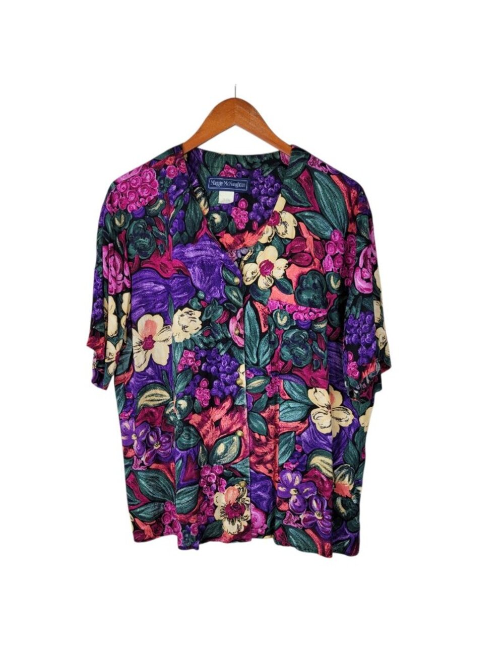 Vintage 90s Plus 16W Top Floral Rose pink Purple Watercolor Bright Button Up 1X